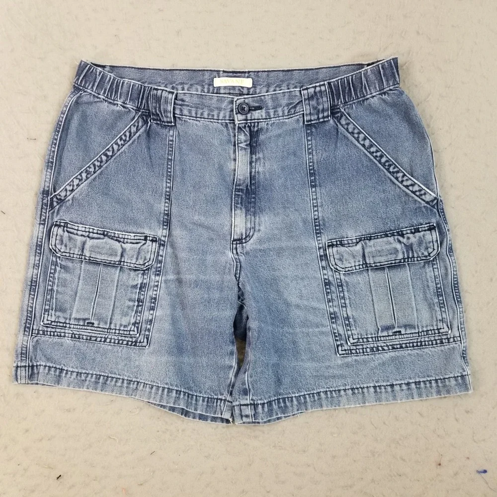 Savane Cargo Shorts Mens 38 Blue Denim Retro Elastic Waist Utility Pockets